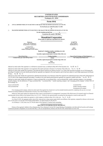 Thumbnail MannKind Corp 10-K Annual Report 2021