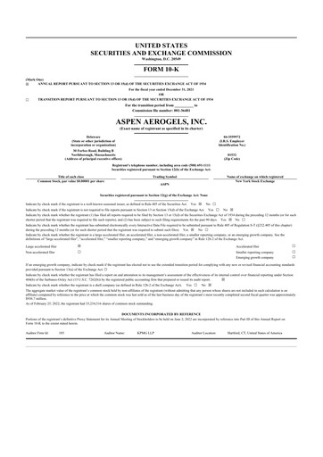 Thumbnail Aspen Aerogels 10-K Annual Report 2021