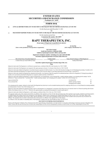 Thumbnail RAPT Therapeutics 10-K Annual Report 2021