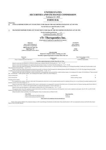 Miniature vTv Therapeutics
 10-K Rapport annuel 2021