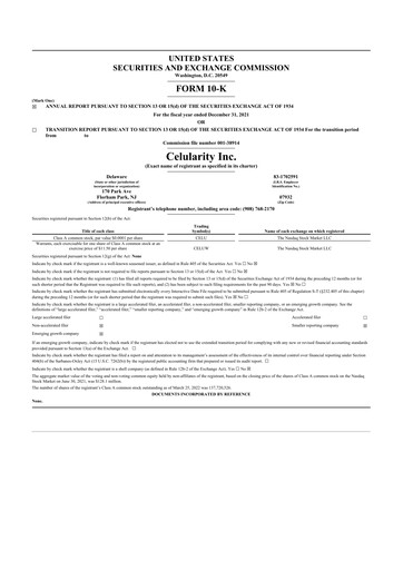 Miniature Celularity 10-K Rapport annuel 2021
