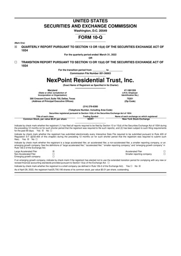 Thumbnail NexPoint Residential Trust 10-Q Quarterly Report FY2022 