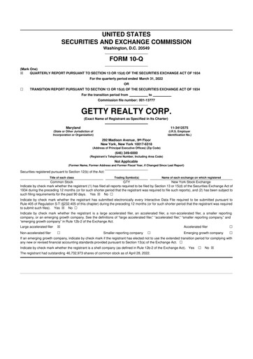 Thumbnail Getty Realty 10-Q Quarterly Report FY2022 