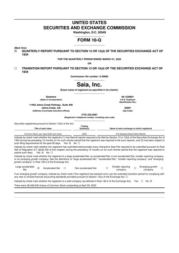 Thumbnail Saia
 10-Q Quarterly Report FY2022 