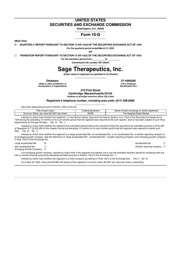 Thumbnail Sage Therapeutics
 10-Q Quarterly Report FY2022 