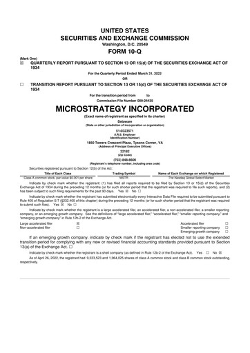 Miniature Strategy 
 (MicroStrategy) 10-Q Rapport trimestriel  