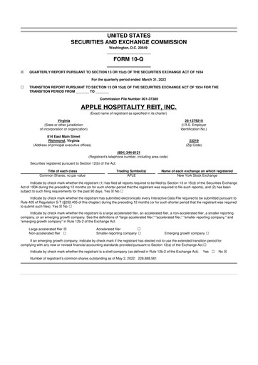 Thumbnail Apple Hospitality REIT
 10-Q Quarterly Report FY2022 