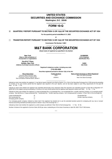 Thumbnail M&T Bank 10-Q Quarterly Report FY 