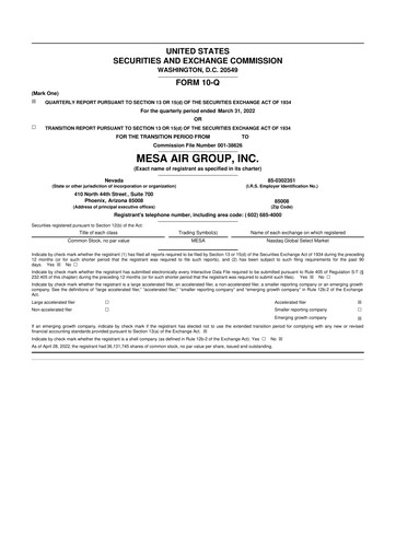 Thumbnail Republic Airways 10-Q Quarterly Report FY2022 