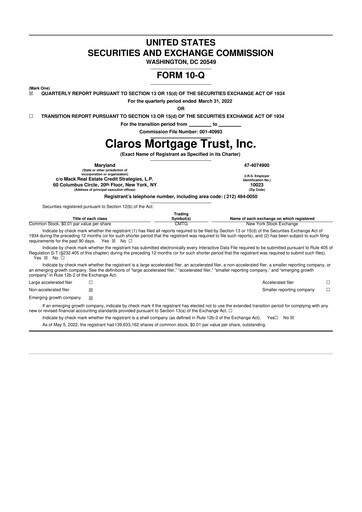 Thumbnail Claros Mortgage Trust 10-Q Quarterly Report FY2022 