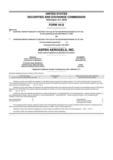 Vorschaubild Aspen Aerogels 10-Q Quartalsbericht 2022 