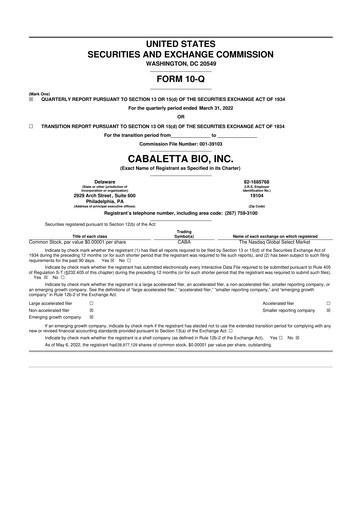Thumbnail Cabaletta Bio 10-Q Quarterly Report FY2022 