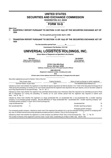 Thumbnail Universal Logistics Holdings 10-Q Quarterly Report FY2022 