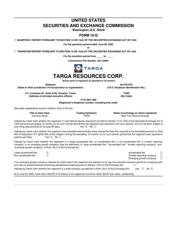 Thumbnail Targa Resources
 10-Q Quarterly Report FY2022 