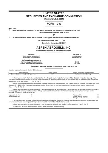 Vorschaubild Aspen Aerogels 10-Q Quartalsbericht 2022 