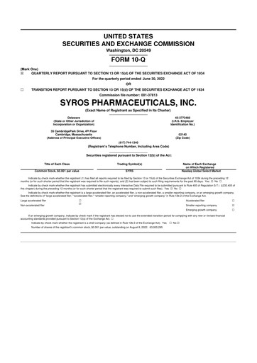 Vorschaubild Syros Pharmaceuticals
 10-Q Quartalsbericht 2022 