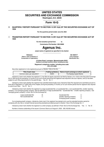 Thumbnail Agenus
 10-Q Quarterly Report FY2022 