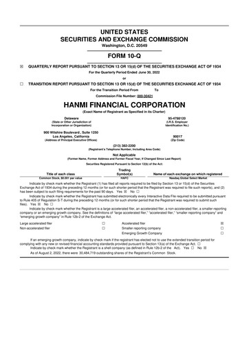 Thumbnail Hanmi Financial 10-Q Quarterly Report FY 