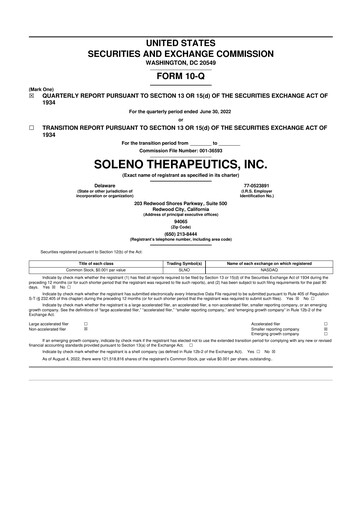 Miniature Soleno Therapeutics 10-Q Rapport trimestriel 2022 