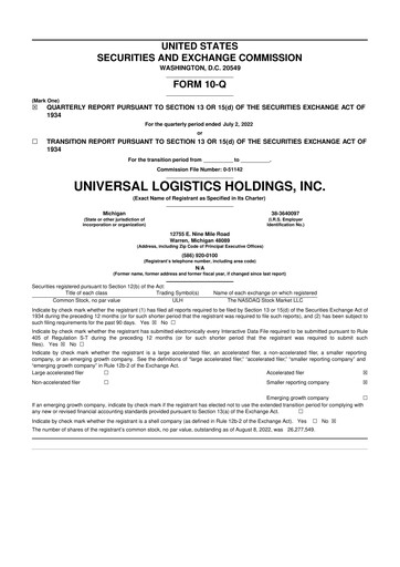 Thumbnail Universal Logistics Holdings 10-Q Quarterly Report FY2022 