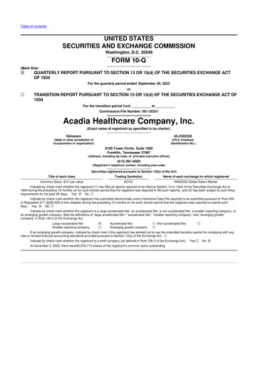 Thumbnail Acadia Healthcare
 10-Q Quarterly Report FY2022 