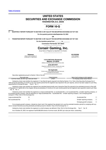 Thumbnail Corsair Gaming
 10-Q Quarterly Report FY2022 