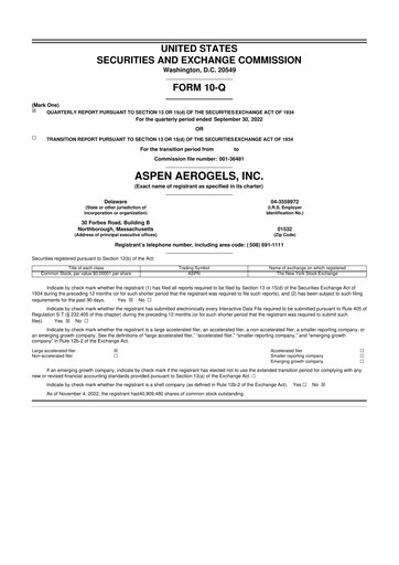 Vorschaubild Aspen Aerogels 10-Q Quartalsbericht 2022 
