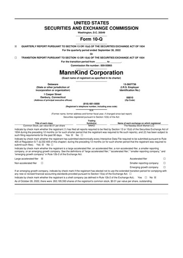 Thumbnail MannKind Corp 10-Q Quarterly Report FY2022 