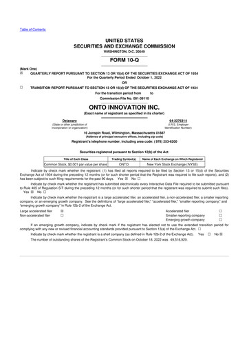 Thumbnail Onto Innovation 10-Q Quarterly Report FY2022 