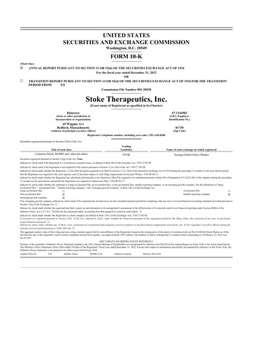 Thumbnail Stoke Therapeutics 10-K Annual Report 2022