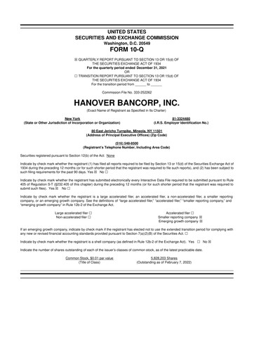 Miniature Hanover Bancorp 10-Q Rapport trimestriel 2022 