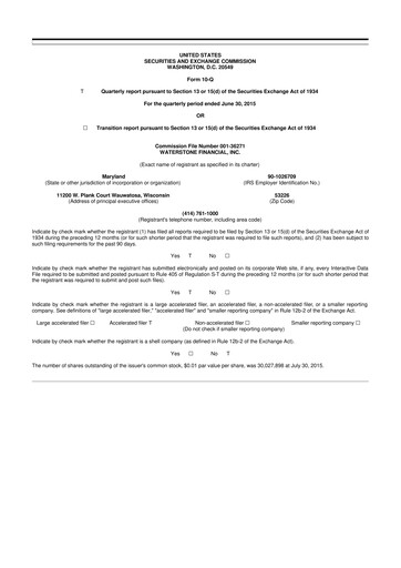 Thumbnail Waterstone Financial 10-Q Quarterly Report FY2015 