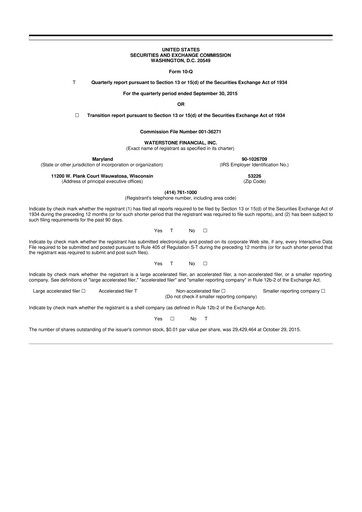 Thumbnail Waterstone Financial 10-Q Quarterly Report FY2015 