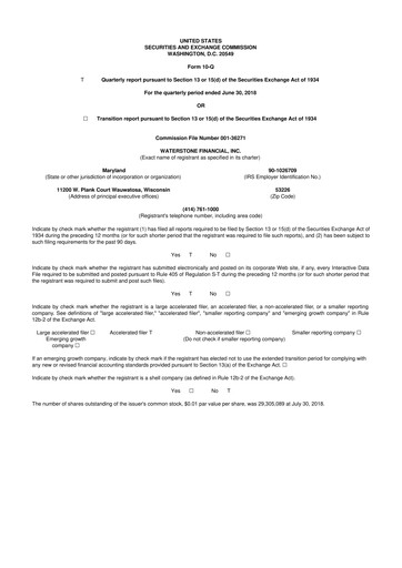Thumbnail Waterstone Financial 10-Q Quarterly Report FY2018 