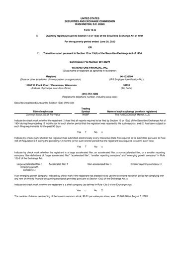 Thumbnail Waterstone Financial 10-Q Quarterly Report FY2020 