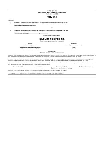 Thumbnail Bluelinx 10-Q Quarterly Report FY2014 