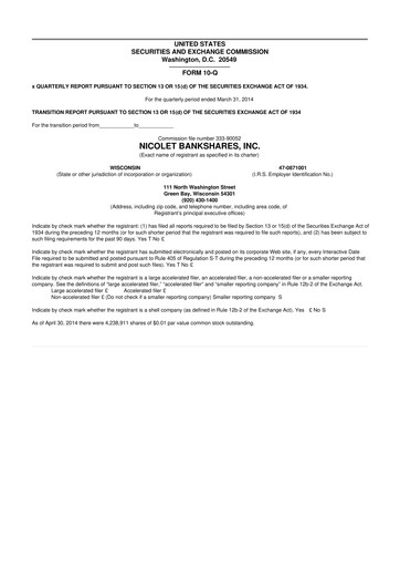 Thumbnail Nicolet Bankshares 10-Q Quarterly Report FY2014 