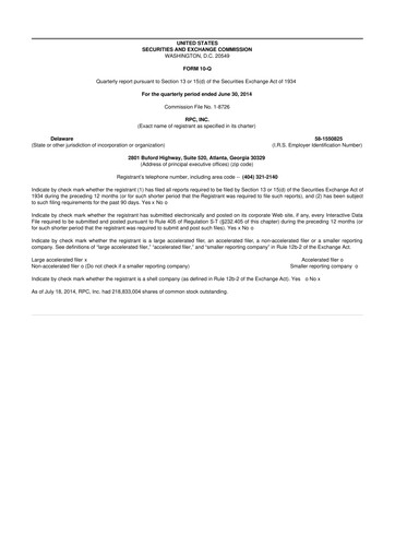 Thumbnail RPC, Inc. 10-Q Quarterly Report FY2014 