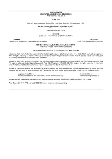 Thumbnail RPC, Inc. 10-Q Quarterly Report FY2014 