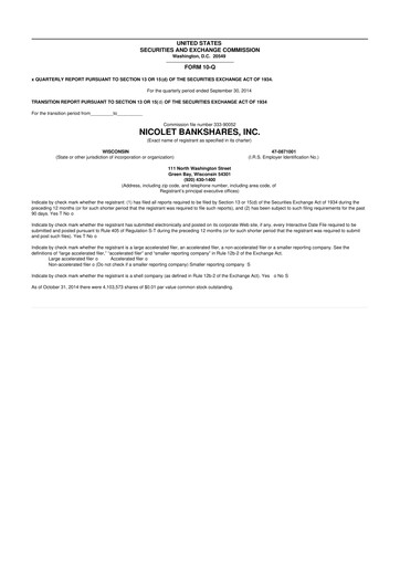 Thumbnail Nicolet Bankshares 10-Q Quarterly Report FY2014 