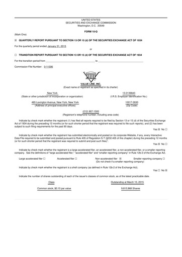 Thumbnail Value Line 10-Q Quarterly Report FY2015 
