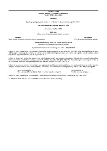 Thumbnail RPC, Inc. 10-Q Quarterly Report FY2015 