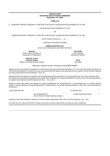 Miniature Semler Scientific
 10-Q Rapport trimestriel 2015 