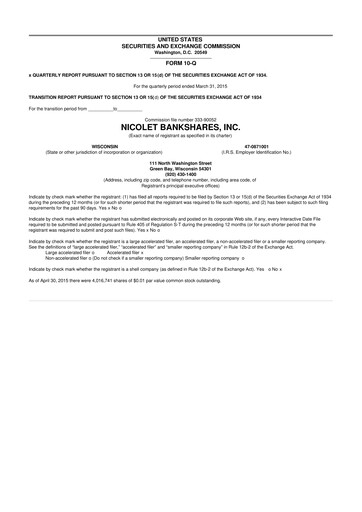 Thumbnail Nicolet Bankshares 10-Q Quarterly Report FY2015 
