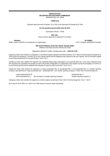 Thumbnail RPC, Inc. 10-Q Quarterly Report FY2015 
