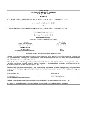 Miniature Semler Scientific
 10-Q Rapport trimestriel 2015 