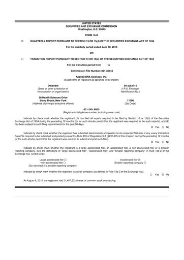 Miniature Applied DNA Sciences
 10-Q Rapport trimestriel 2015 