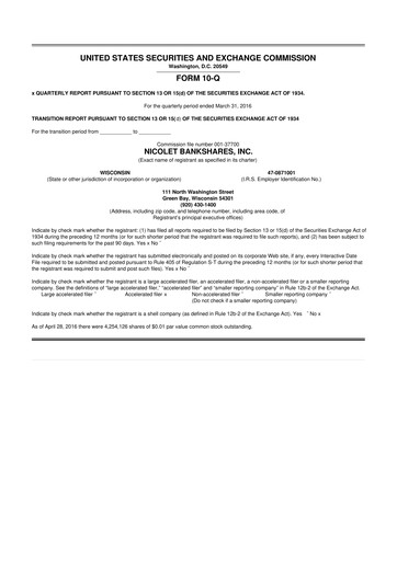 Thumbnail Nicolet Bankshares 10-Q Quarterly Report FY2016 