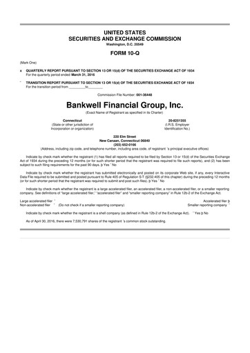 Miniature Bankwell Financial Group 10-Q Rapport trimestriel 2016 