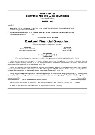Miniature Bankwell Financial Group 10-Q Rapport trimestriel 2016 
